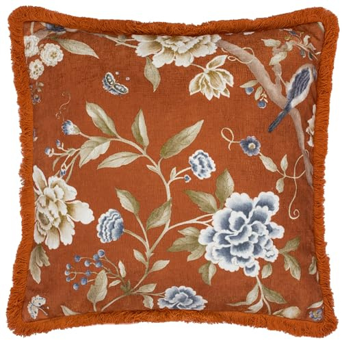 Sanderson Porcelain Garden Feather Filled Cushion – Chenille Peony Bird Decorative Accent Pillow with Cotton Fringe (Rust - 50x50cm)
