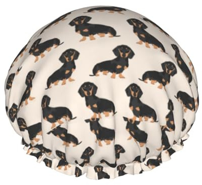 Elastic Band Waterproof Shower Cap, Double Layers Reusable Shower Cap for Women, Sausage Dog