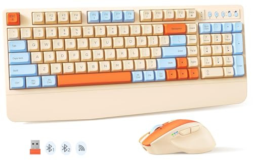 MEETION Joli clavier et souris sans fil, clavier rétro coloré, clavier ergonomique rechargeable avec repose-poignet amovible, souris oscillante 4 DPI, pour ordinateur/ordinateur portable/PC/Windows