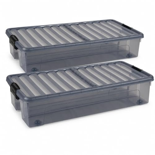 Muddy Hands Pack of 2-35 Litre Under Bed Storage Boxes with Wheels - Clear Plastic Storage Containers with Clip Locking Folding Lids - Stackable Organisers for Clothes, Bedding & Toys (Black)