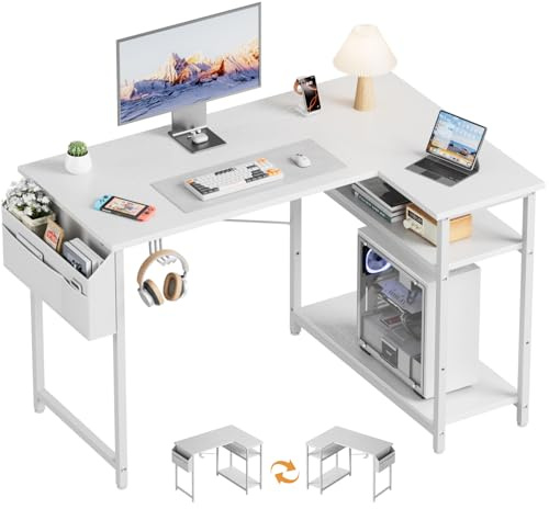 HLONONE Eckschreibtisch mit Stauraum & Verstellbare Regal, Umkehrbar | Gaming Tisch mit Kopfhörer Halter & Aufbewahrungstasche, 110 x 80 cm Computertisch für Heimbüro und Gaming, Weiß