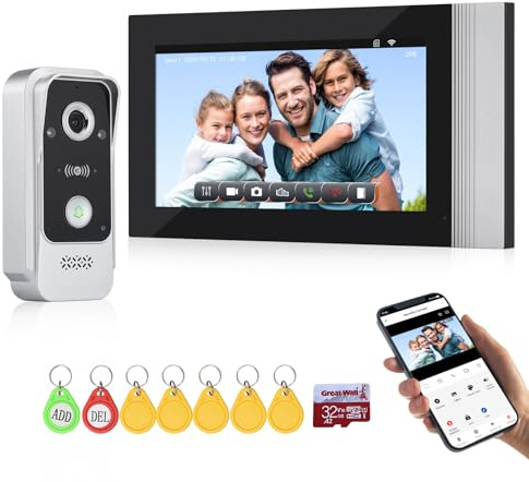 QttyElok 1080P HD WLAN Video Türsprechanlage Intercom System 2 Draht, IR Nachtsicht Video Türglocke Kamera mit 7 Zoll Farb Touchscreen Monitor, Aufzeichnung, IP65, RFID-Karte/APP Entsperren