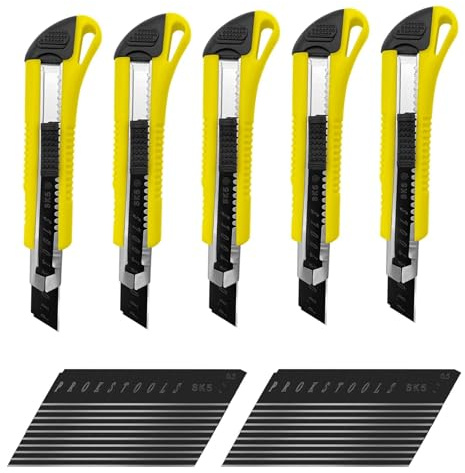 Skythrive Cutter Professionale 18 Mm 5 Pezzi + 20 SK5 Lame Taglierino con Blocco di Sicurezza per Cartone, Moquette e Bricolage