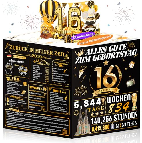 OLOSONG Geburtstagskarte 16 Geburtstag - 3D Pop Up Karte Geschenke 16 Jahre Mädchen Junge, Lustige Goldene Deko 16. Geburtstag Für Freund Tochter Sohn Schwester Sie Ihn, Back in 2010 Mit Umschlag