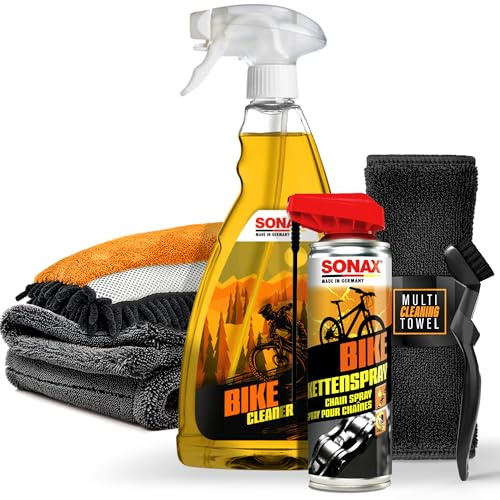 Fahrrad Reinigungsset | Sonax Bike Cleaner Fahrradreiniger 1l + Kettenspray + Kettenbürste + Waschhandschuh + Trockentuch | Fahrradpflege Set | Putzset für E-Bike Mountainbike Rennrad