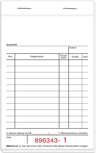 RNKVERLAG 2952 - Kassenblock, oben geheftet, 2 x 50 Blatt, 96 x 167 mm, nummeriert