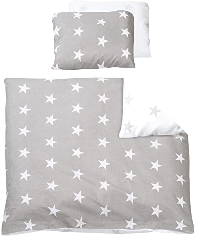 roba Babybettwäsche 80 x 80 Little Stars - Bettwäsche Set 2 teilig mit Stern Motiv - Baby Wiegenset 80x80 Decke & 40 x 35 Kissenbezug aus Baumwolle - Grau / Weiß