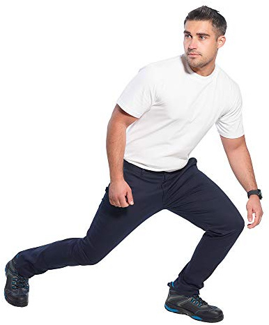 Portwest S232 Stretch Slim Chino Trousers Machine Washable Drawstring Waist | Dark Navy, 32 Waist, UPF 40+, 2% Elastane, Bartacked at All Stress Points, Hook and Bar Closure, Soft Handle Twill, Workwear