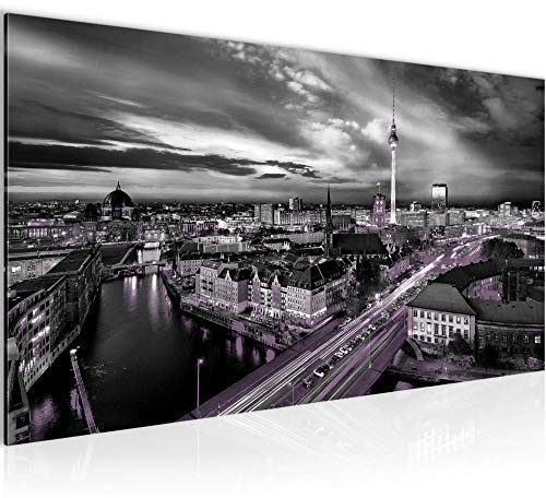 Runa Art Wandbild Berlin Skyline 1 Teilig 100 x 40 cm Modern Bild auf Vlies Leinwand Skyline Büro Wohnzimmer Schwarz Violett 004312c