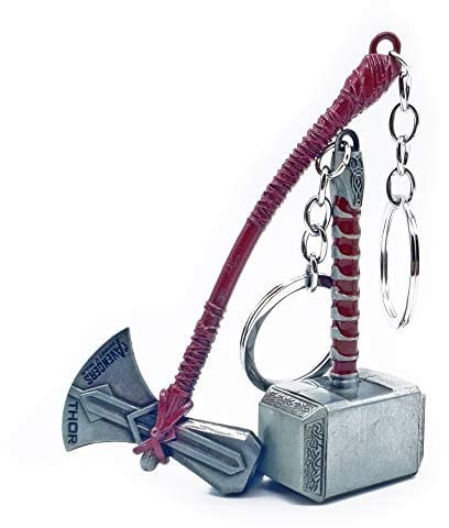 Thor Hammer Mjolnir Keyring and Thor Axe Stormbreaker Keyring Combo Set Both Large Quality Solid Metal (Brown Hammer & Brown Axe)