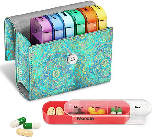 FINPAC Weekly Pill Box 4 Times A Day with PU Leather Case, 7 Day Tablet Organiser, Slide Open Travel Medicine Storage Box with Name Card, for Holding Supplements, Medication, Vitamins and Fish Oils,