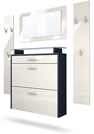 Vladon Garderobe Malea, Garderobenset bestehend aus 1 Hängeschuhschrank, 1 Wandspiegel und 2 Garderobenpaneele, Anthrazit matt/Creme Hochglanz