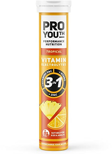 ProYouth Electrolytes Tablets with Vitamins for Kids and Adults - Hydration & Rehydration Tablets with Electrolytes, Vitamins and Minerals - No Caffeine, no Sugar | 20 Tablets Tropical | Pack of 1