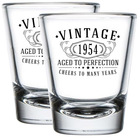 Vintage 1954 Printed 2pk 1.75oz Shot Glasses - 71st Birthday Gifts for Women Men - Cheers to 71 years old - 71st decorations for her him - Best Engraved Whiskey Bourbon Gift ideas - Mom Dad 2.0