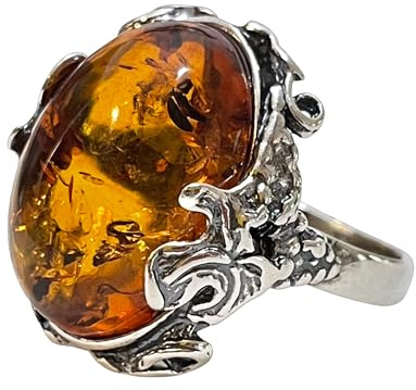 Baltic Amber Ring for Women – Natural Honey Cognac Amber in 925 Sterling Silver – Vintage Oval Statement Ring – Unique Handmade Gift for Her (3.75)