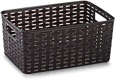 Tradineur – Cesta Rattan N.º 2 – Fabricado en plástico - Almacenamiento de Ropa, Productos de Limpieza – Capacidad de 6 L – 23 x 29 x 19,5 cm – Color Wengue