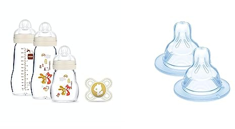 MAM Coffret – résistant à la chaleur – Biberon verre pour nourrisson dès la naissance en silicone & Lot de 2 Tétines Anatomiques en Silicone 0+ mois Débit 1 Lent