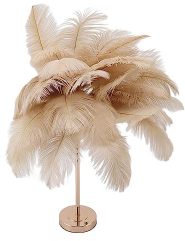 ViaGasaFamido Feder-Tischlampe LED, Nachttischlampe mit Künstlichem Federschirm für Schlafzimmer, Wohnzimmer, Büro (Kamelfarbe)