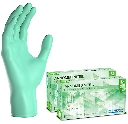 ARNOMED gants jetables vert, gants nitrile taille M, gant jetable 200 pièces (2 boîtes), gants en nitrile non poudrés & sans latex, gants jetable cuisine, gants a usage unique en XS, S, M, L & XL
