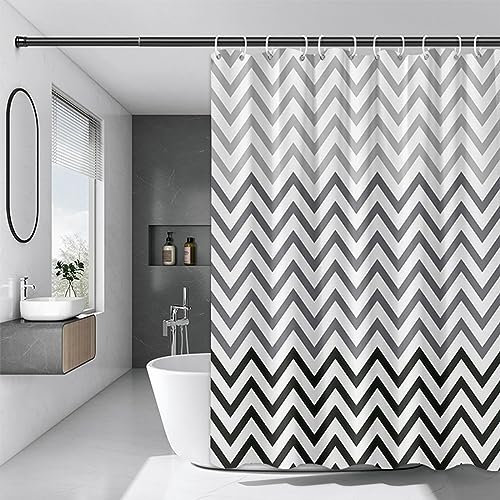 Chenbing Art Duschvorhang 90x200cm Schwarz und Weiß Gewellten Duschvorhänge Wasserdichter Polyester Stoff Anti Schimmel Badevorhang für Badewanne Badezimmer ohne Bohren mit ösen und 12 Duschringen