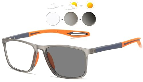 KOOSUFA Selbsttönende Brille Blaulichtfilter Photochrome Brillengestelle Herren Damen Rechteckiger Ultraleicht TR90 Brillenfassung mit UV-Schutz Sonnenbrille Ohne Sehstärke Grau Orange