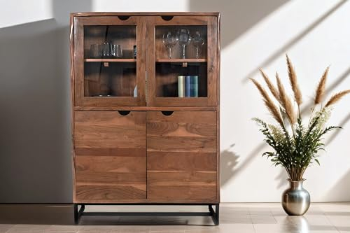 SAM Highboard Sukhothai, Akazienholz massiv & nussbaumfarben, Hochschrank mit je 2 Holz- & Glastüren, Grifflos, 100 x 35 x 140 cm