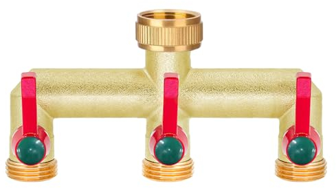 iBamso Splitter per rubinetto in ottone resistente, 3/4 di pollice a 3 vie per tubo da giardino, uscita ad alto flusso con 2 valvole singole e maniglia estesa, splitter per rubinetto per casa,
