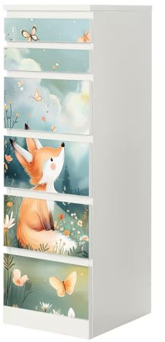Sunnywall® Möbelfolie passend für IKEA Malm Kommode Schrankfolie Aufkleber mit Fuchs auf Wiese Motiv | blasenfrei verkleben | Kinderzimmer 6er 40 cm