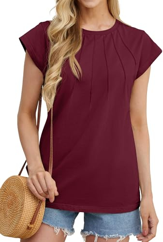 GRECERELLE Women's Summer Cotton Tops Cap Sleeves Pleated Crew Neck Ladies Casual T-Shirt (Wine Red, M)