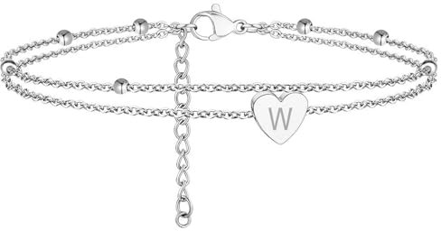 Aucuu Tobilleras para Mujer, Pulsera Tobillera de Dos Capas con Dije Corazón y Letras Iniciales, 22cm+5cm Tobillera Ajustable de Acero Inoxidable, para Regalo para Vacaciones de Verano en La Playa (W)