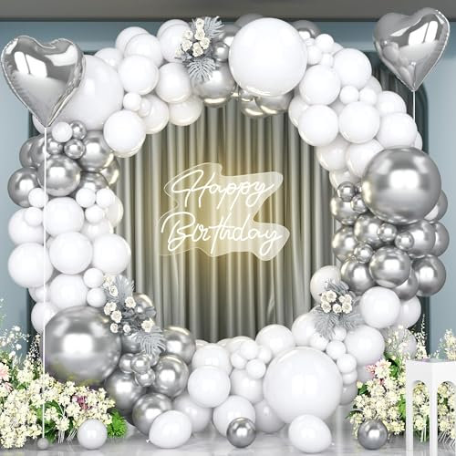 Unisun Kit Arco Palloncini Argento Bianchi, 147 Pezzi Ghirlanda Palloncini Argento Metallizzato con Palloncini Foil Argento a Cuore per Matrimonio Compleanno Festa Decorazione Anniversario Baby Shower