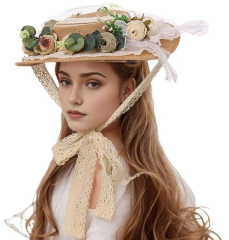 CAMDOM Sombrero Victoriano para Mujer, para Fiesta de té, con Lazos, Flores, Sombreros Planos de Paja