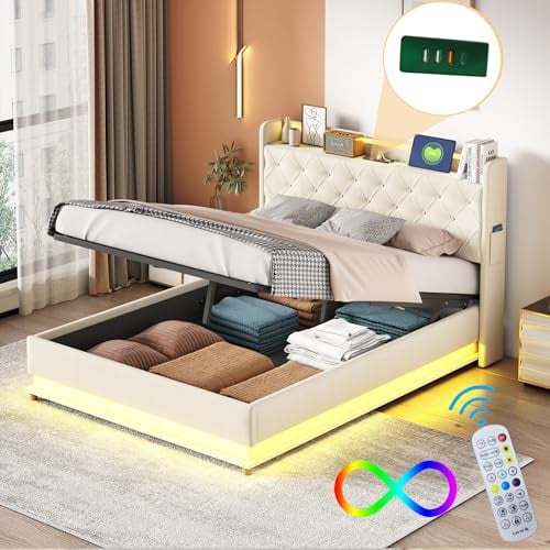 Letto Matrimoniale con Contenitore 140x200 cm con LED e USB, Letto una piazza e mezza con vano Portaoggetti e Testiera, Letto Contenitore con rete a doghe in metallo, Struttura Letto Matrimoniale