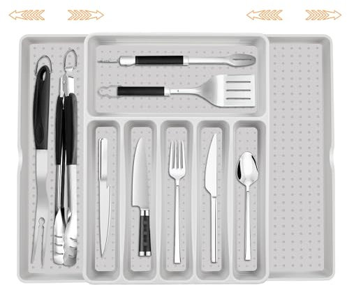 Auauraintt Organizador de cubiertos de cajón,Cubertos para Cajon Cocina Extensible,Soporte de cubiertos ajustable,accesorios de cocina de plástico, para cucharas, tenedores, cuchillos, grande (Gris)