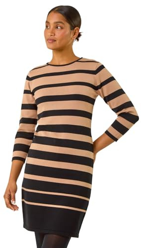 Roman Originals Knitted Jumper Dress for Women UK - Ladies Colour Block Winter Autumn Smart Casual Office Bodycon Workwear Everyday Long Sleeve Knee Length Knit Pocket - Camel & Noir - Size 20