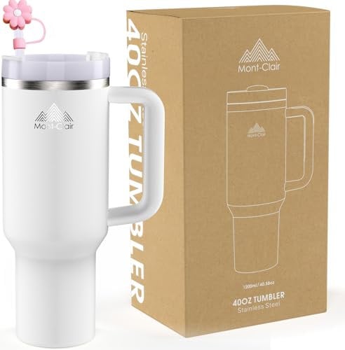Mont-Clair Tumbler 40oz - Mug Isotherme avec Paille Couvercle Poignée - Gourde boissons chaudes et froides - Froid pendant 10 heures - Glacé pendant 48 heures - 1200ml - Givre