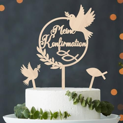 Augesak Tortendeko Meine Konfirmation, Holz, Cake Topper, 3 Stück, Taube Fisch Kuchen Deko, Mädchen Junge Konfirmation Torte Deko, Holzfarben