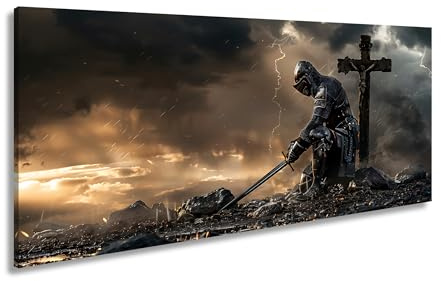 Leinwandbild Ein Ritter kniet im Sturm, vom Himmel geprüft Panorama 100x50cm XXL Kunstdruck Bild auf Keilrahmen/Wandbild/Wohnzimmer Dekoration