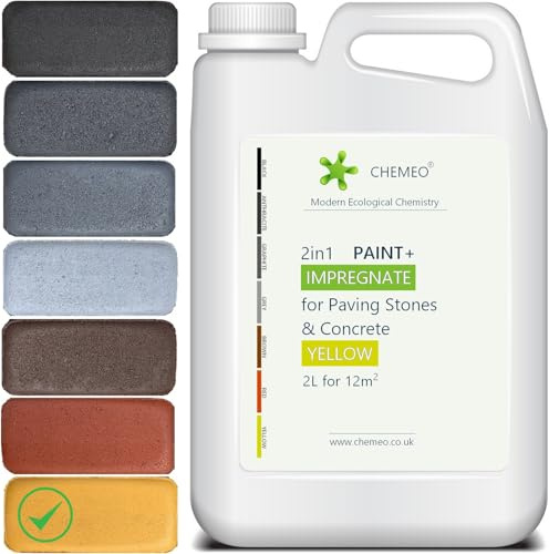 CHEMEO® Betonfarbe außen Frostsicher | Betonplatten, Terrassen und Pflastersteine Streichen | GELB Betonpflaster Farbe 2 liter für 12m2 | Bürste, Handschuhe und Tücher GRATIS