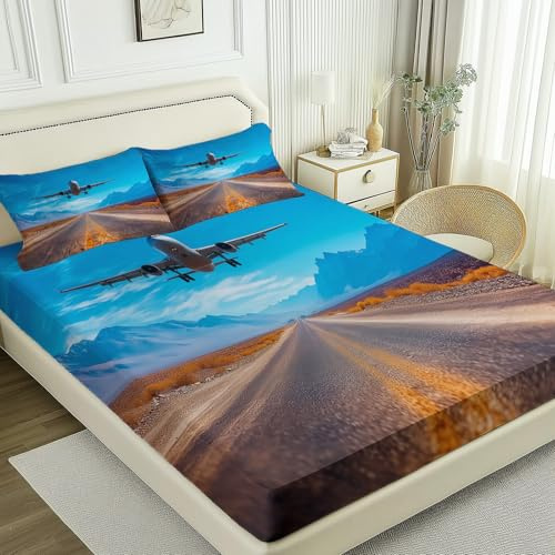 Spannbettlaken 90 x 200 cm, weiches und atmungsaktives Spannbetttuch aus gebürsteter Mikrofaser, 30 cm Tiefe Tasche, Motiv: Wüste Straße Flugzeug für Jungen und Mädchen, Blau