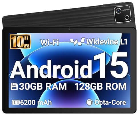 Vekoy Tablet 10 Pollici Android 15 Certificato GMS, 30GB RAM + 128GB ROM (2TB TF), Octa-Core, 6200mAh, 1280x800 HD, WiFi 6, BT 5.3, Widevine L1, Fotocamera 5MP+8MP, Tablet PC, Nero – 2026