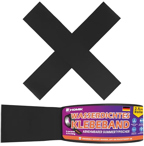 HOMIK 2x 5cm x 2.5m Extrem Starkes Schwarzes Wasserdichtes Klebeband Außen & Innen | Dichtungsband Wasserdicht | UV Beständig | Duct Tape | Selbstverschweißendes Klebeband