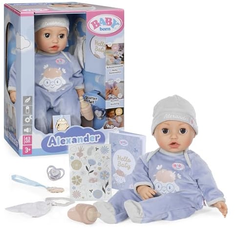 BABY Born Alexander 43cm, weiche 43cm große Puppe mit 7 elektronischen Funktionen und Sound für Kinder ab 3 Jahren, inkl. Zubehör