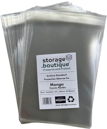 storage.boutique Manga Comic Book Protection Sleeves, Archive Standard, Size 1, Sealable, 135 x 185mm, 50