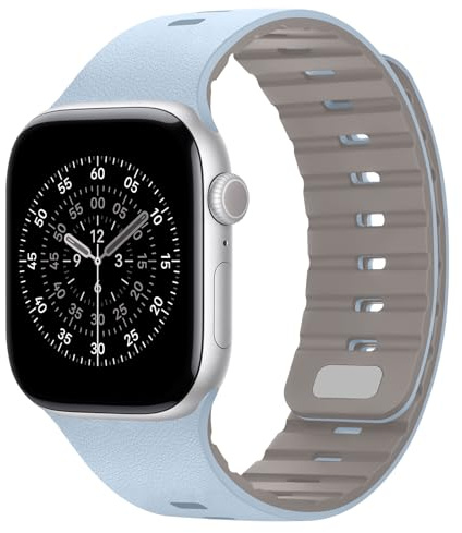 Sixmoat Bracelets Magnétiques à Clip compatibles avec Apple Watch 42mm 41mm 40mm 38mm Silicone Cuir Bracelet Respirant compatible avec iWatch SE Series 11 10 9 8 7 6 5 4 3, Bleu clair-Kaki