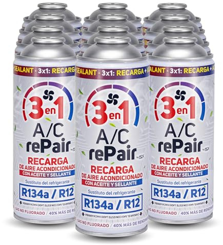 AC REPAIR Recharge Climatisation Voiture 3 en 1 Remplacement R134a avec Stop Fuite, Cartouche Gaz Réfrigérant pour Clim, Bonbonne 200g Plus Rendiment Naturel Écologique Facile à Utiliser - Lot de 12