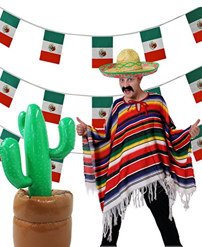 ILOVEFANCYDRESS Mexikanische Party-Paket – Großer grüner Sombrero + mehrfarbiger Poncho + mexikanische Flagge + aufblasbarer Kaktus, ideal für Cino de Mayo, Mardi Gras