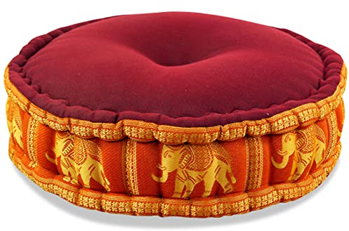 livasia Meditationskissen mit Thaiseide - Ø 45x15cm - Yogakissen mit Kapok, Pouf, Bodenkissen für Yoga und Zen Meditation, Sitzkissen für Garten und Balkon, Zafukissen (Rot/Orange/Elefanten Seide)