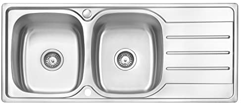 JASSFERRY 1160 x 500 mm Large Kitchen Sink Stainless Steel Matt Finish Inset Double Bowl Reversible Drainer with UK Standard Waste Strainer Pipe Kit