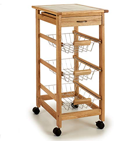 TU TENDENCIA ÚNICA Carrito Frutero Verdulero con Cajón y 3 Cestas. Estructura de Madera y Acero Inoxidable en Las Cestas. Cuenta con 4 Ruedas para un fácil Transporte